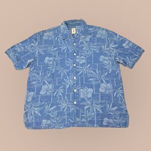 Jamaica Jaxx Hawaiian Shirt Men's L Large Blue Tropical Silk Collared Button-Up